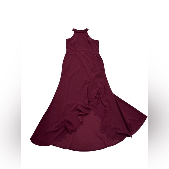 High Neck Sleeveless Burgundy Ruffle Hem Maxi Gown Size L - Picture 4 of 9